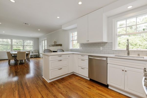 Dining room, Interior, Kitchen, Recessed Lighting, Stainless Steel Appliances, Wood Texture Flooring