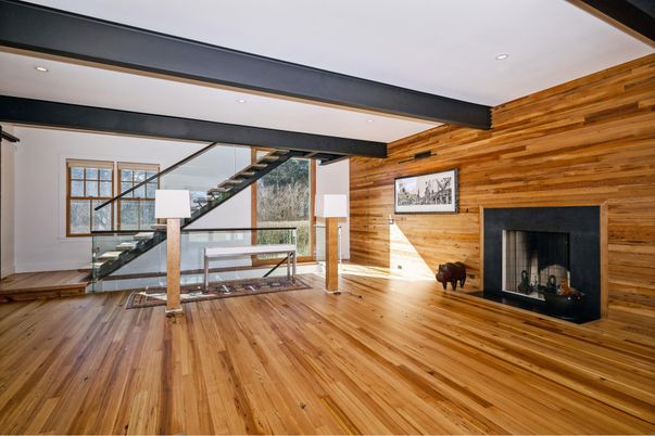 Fireplace, Home Office, Interior, Recessed Lighting, Wooden Beams, Wood Texture Flooring, Wooden Walls
