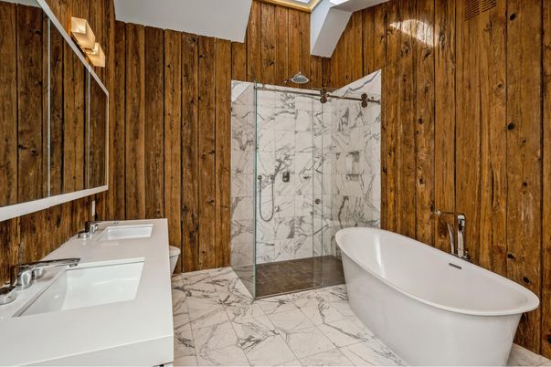 Bathroom, Dual Sink Vanities, Free Standing Baths, Glass Shower, Interior, Marble, Marble Walls, Wooden Walls
