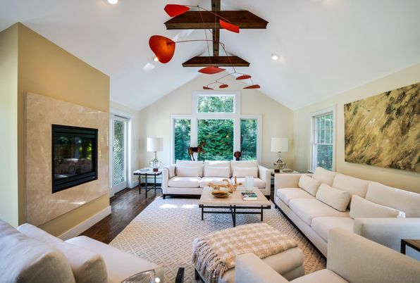 Fireplace, Interior, Living room, Recessed Lighting, Wooden Beams, Wood Texture Flooring