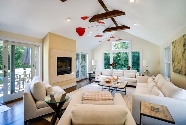 Fireplace, Interior, Living room, Recessed Lighting, Wooden Beams, Wood Texture Flooring