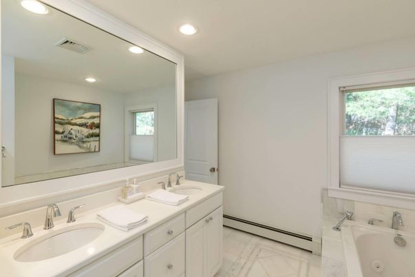 Bathroom, Dual Sink Vanities, Interior, Marble, Recessed Lighting