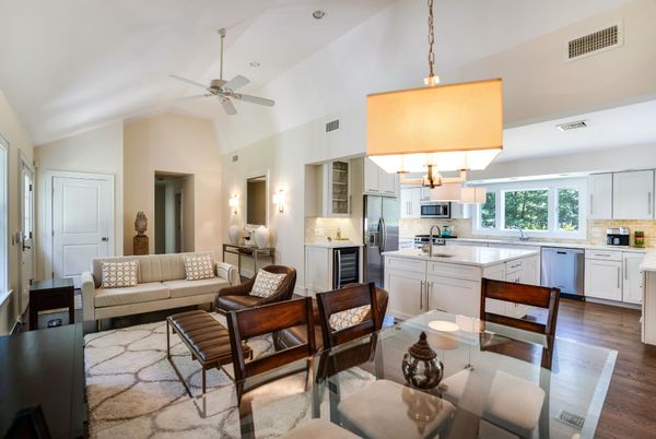 Interior, Kitchen, Living room, Pendant Lights, Stainless Steel Appliances, Wood Texture Flooring
