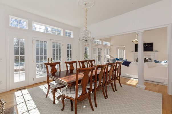 Chandelier, Dining room, Fireplace, Interior, Living room, Wood Texture Flooring