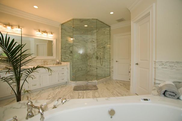 Bathroom, Dual Sink Vanities, Glass Shower, Interior, Marble, Marble Walls, Recessed Lighting
