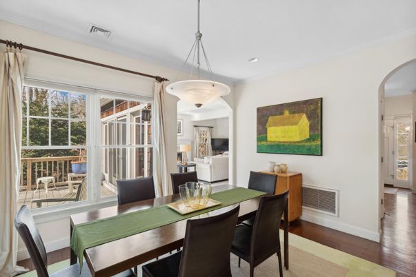 Dining room, Interior, Pendant Lights, Recessed Lighting, Wood Texture Flooring