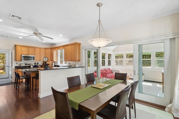 Dining room, Interior, Kitchen, Pendant Lights, Recessed Lighting, Stainless Steel Appliances, Wood Texture Flooring