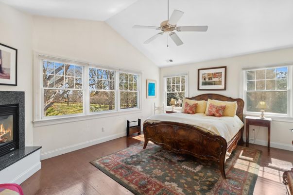 Bedroom, Fireplace, Interior, Wood Texture Flooring