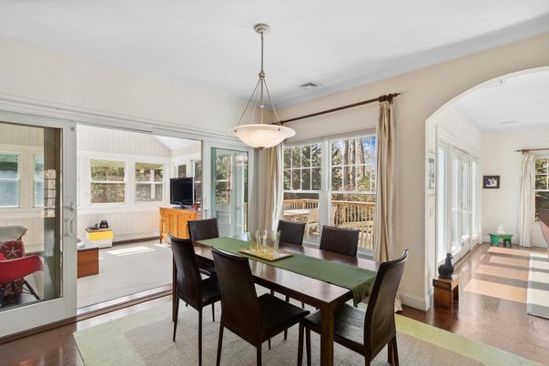 Dining room, Interior, Pendant Lights, Wood Texture Flooring