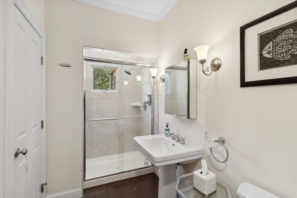 Bathroom, Glass Shower, Interior, Wood Texture Flooring