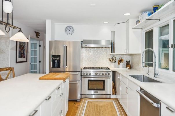 Interior, Kitchen, Pendant Lights, Recessed Lighting, Stainless Steel Appliances, Wood Texture Flooring