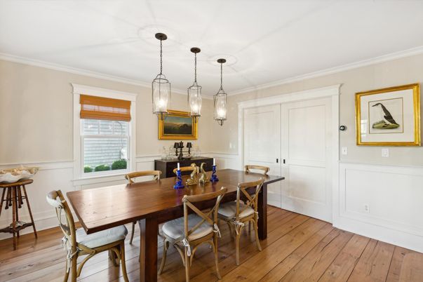 Dining room, Interior, Pendant Lights, Wood Texture Flooring