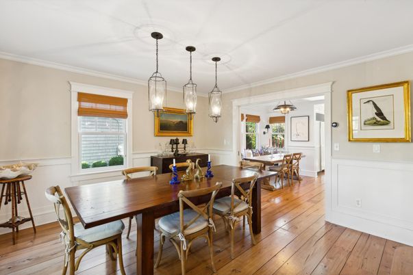 Dining room, Interior, Pendant Lights, Wood Texture Flooring