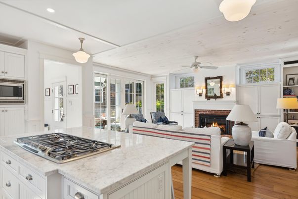 Fireplace, Interior, Kitchen, Living room, Pendant Lights, Recessed Lighting, Wood Texture Flooring
