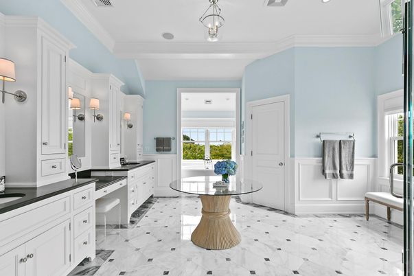 Bathroom, Dual Sink Vanities, Interior, Marble, Recessed Lighting