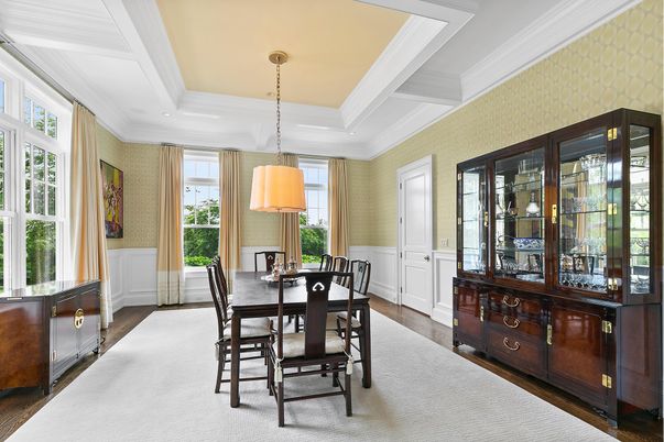 Dining room, Interior, Pendant Lights, Wood Texture Flooring