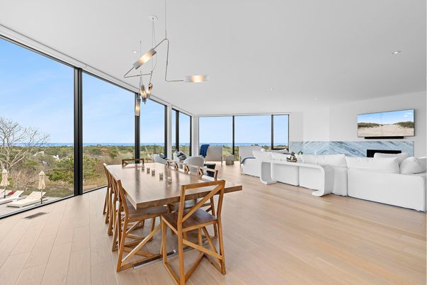 Dining room, Interior, Living room, Pendant Lights, Recessed Lighting, Wood Texture Flooring