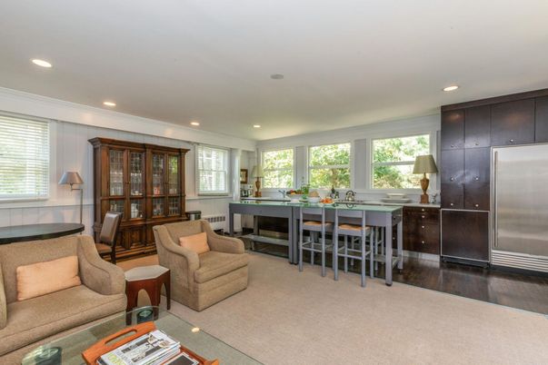 Dining room, Interior, Kitchen, Living room, Recessed Lighting, Stainless Steel Appliances, Wood Texture Flooring