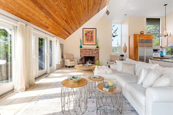 Fireplace, Interior, Kitchen, Living room, Pendant Lights, Stainless Steel Appliances, Wooden Ceilings