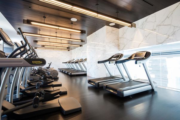 Fitness Equipment, Gym, Interior, Marble Walls, Wood Texture Flooring