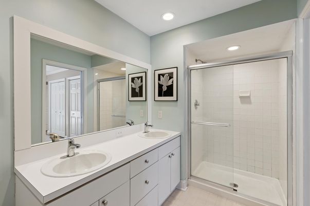 Bathroom, Dual Sink Vanities, Glass Shower, Interior, Recessed Lighting