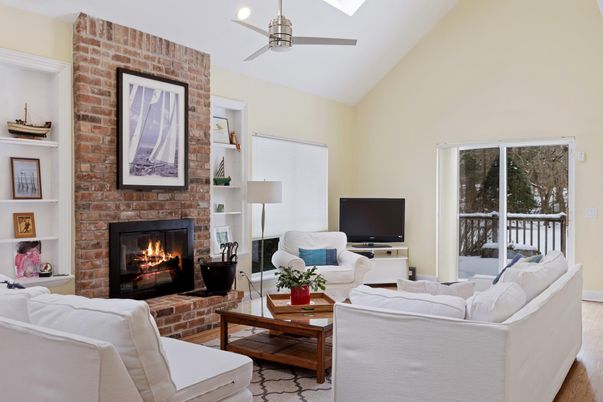 Fireplace, Interior, Living room, Recessed Lighting, Stone Walls