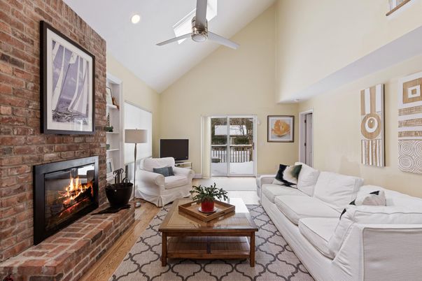 Fireplace, Interior, Living room, Recessed Lighting, Stone Walls