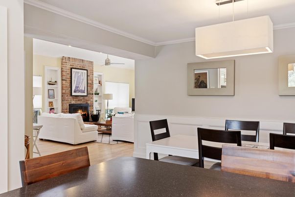 Fireplace, Interior, Living room, Pendant Lights, Stone Walls, Wood Texture Flooring