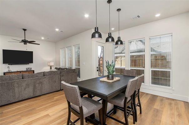 Dining room, Interior, Living room, Pendant Lights, Recessed Lighting, Wood Texture Flooring