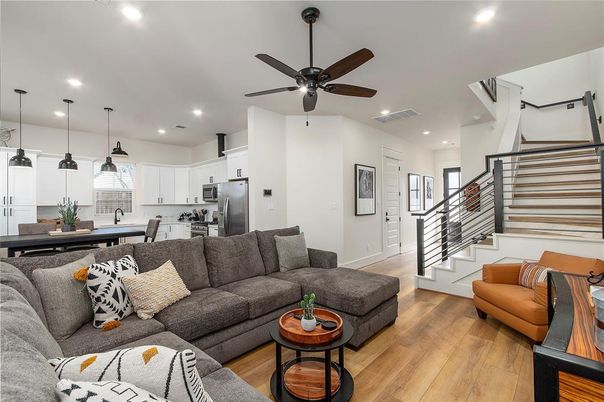 Dining room, Interior, Kitchen, Living room, Pendant Lights, Recessed Lighting, Stainless Steel Appliances, Wood Texture Flooring