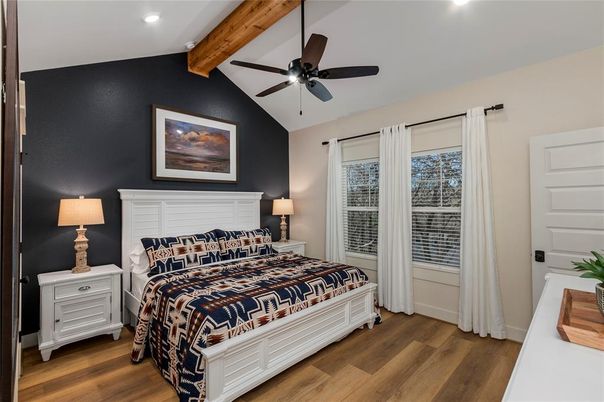 Bedroom, Interior, Recessed Lighting, Wooden Beams, Wood Texture Flooring