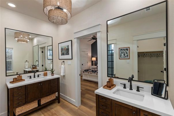 Bathroom, Chandelier, Dual Sink Vanities, Interior, Recessed Lighting, Wood Texture Flooring