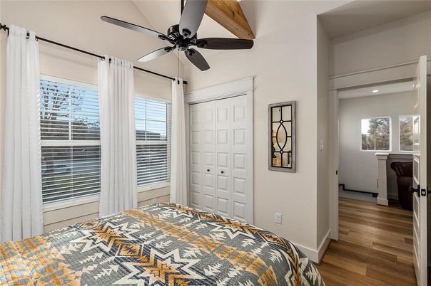 Bedroom, Interior, Recessed Lighting, Wooden Beams, Wood Texture Flooring