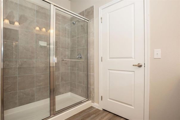 Bathroom, Glass Shower, Interior, Wood Texture Flooring