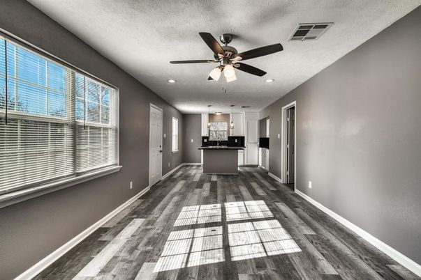 Empty room, Interior, Kitchen, Pendant Lights, Recessed Lighting, Wood Texture Flooring