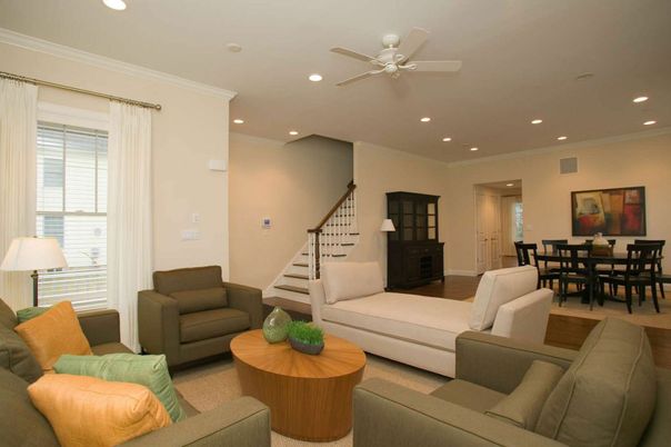Dining room, Interior, Living room, Recessed Lighting, Wood Texture Flooring