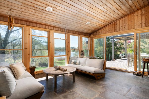 Interior, Living room, Sun Room, Water, Wooden Ceilings, Wooden Walls