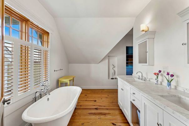 Bathroom, Dual Sink Vanities, Free Standing Baths, Interior, Wood Texture Flooring