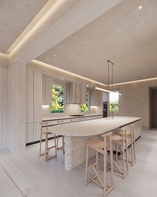 Dining room, Interior, Kitchen, Pendant Lights, Recessed Lighting, Wood Texture Flooring