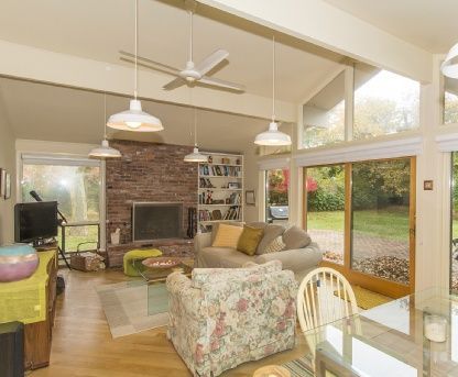 Dining room, Fireplace, Interior, Living room, Pendant Lights, Stone Walls, Wood Texture Flooring