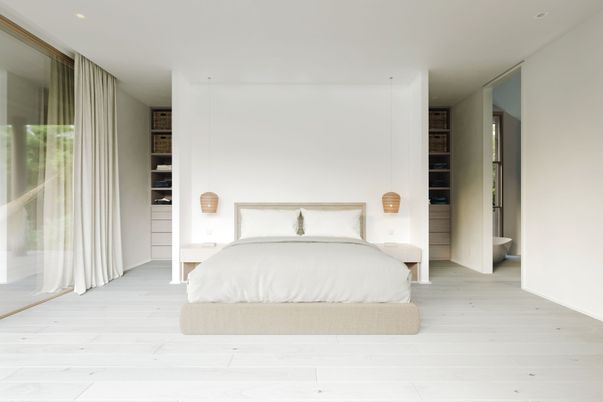 Bedroom, Interior, Recessed Lighting, Wood Texture Flooring