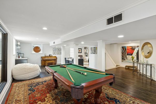 Billiard Table, Game Room, Interior, Recessed Lighting, Wood Texture Flooring