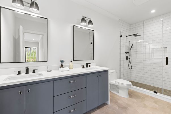 Bathroom, Dual Sink Vanities, Glass Shower, Interior, Recessed Lighting