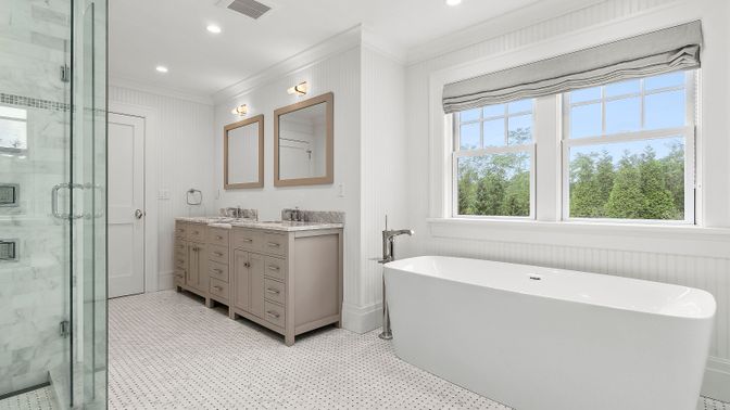 Bathroom, Dual Sink Vanities, Free Standing Baths, Glass Shower, Interior, Marble Walls, Recessed Lighting