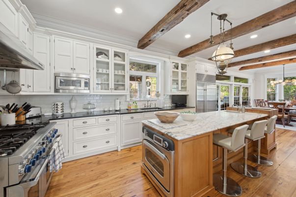 Interior, Kitchen, Pendant Lights, Recessed Lighting, Stainless Steel Appliances, Wooden Beams, Wood Texture Flooring