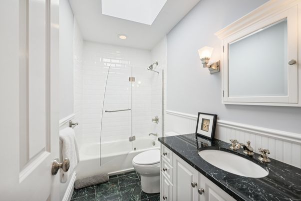 Bathroom, Dual Sink Vanities, Glass Shower, Interior, Marble, Recessed Lighting