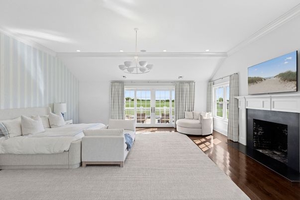 Bedroom, Fireplace, Interior, Living room, Pendant Lights, Recessed Lighting, Wood Texture Flooring