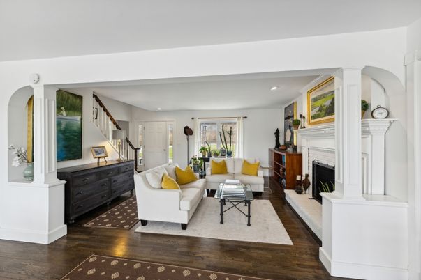 Fireplace, Interior, Living room, Recessed Lighting, Wood Texture Flooring