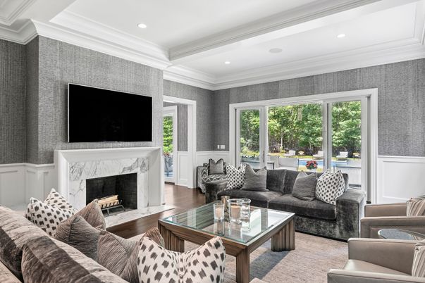 Fireplace, Interior, Living room, Recessed Lighting, Wood Texture Flooring