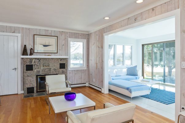 Fireplace, Interior, Living room, Recessed Lighting, Wood Texture Flooring, Wooden Walls